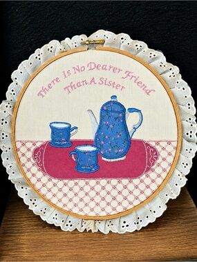 Vintage Hand Embroidered Sister Wall Hanging